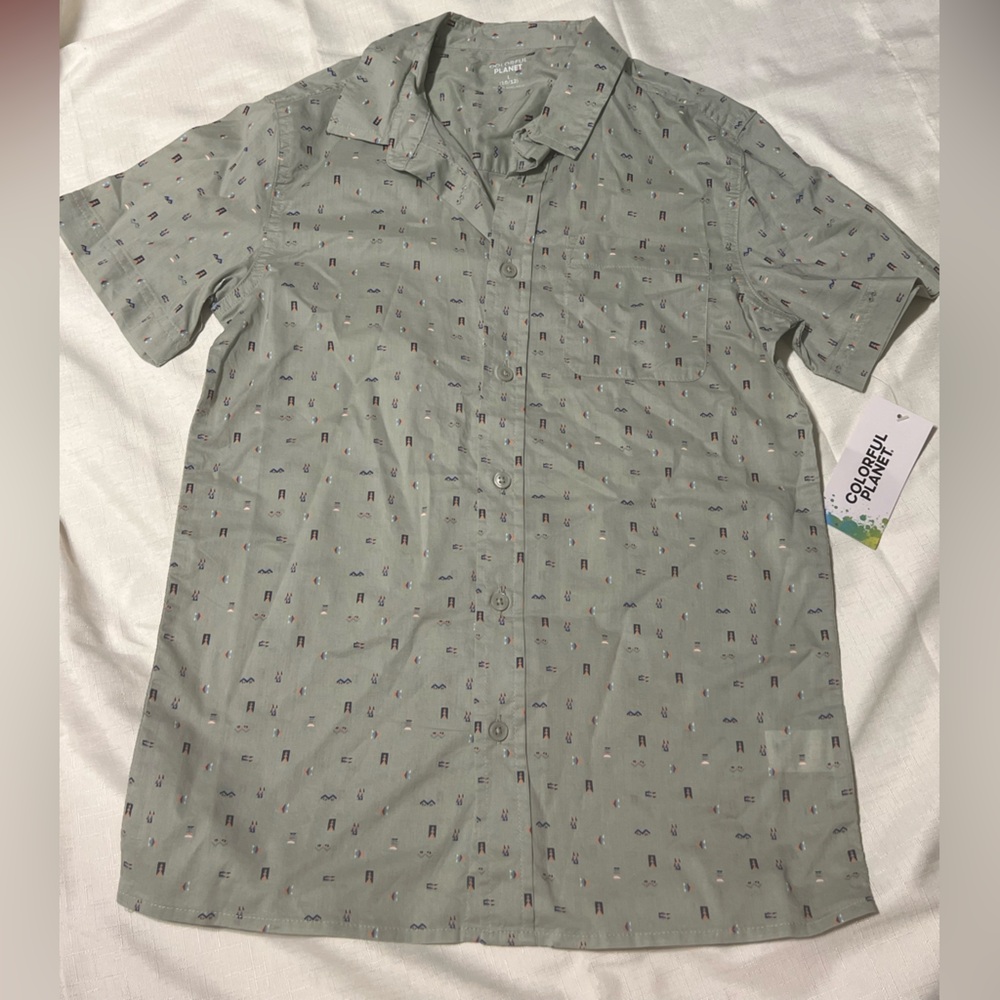 Boys Colorful Planet short sleeve button down shirt size Large (10-12) NEW